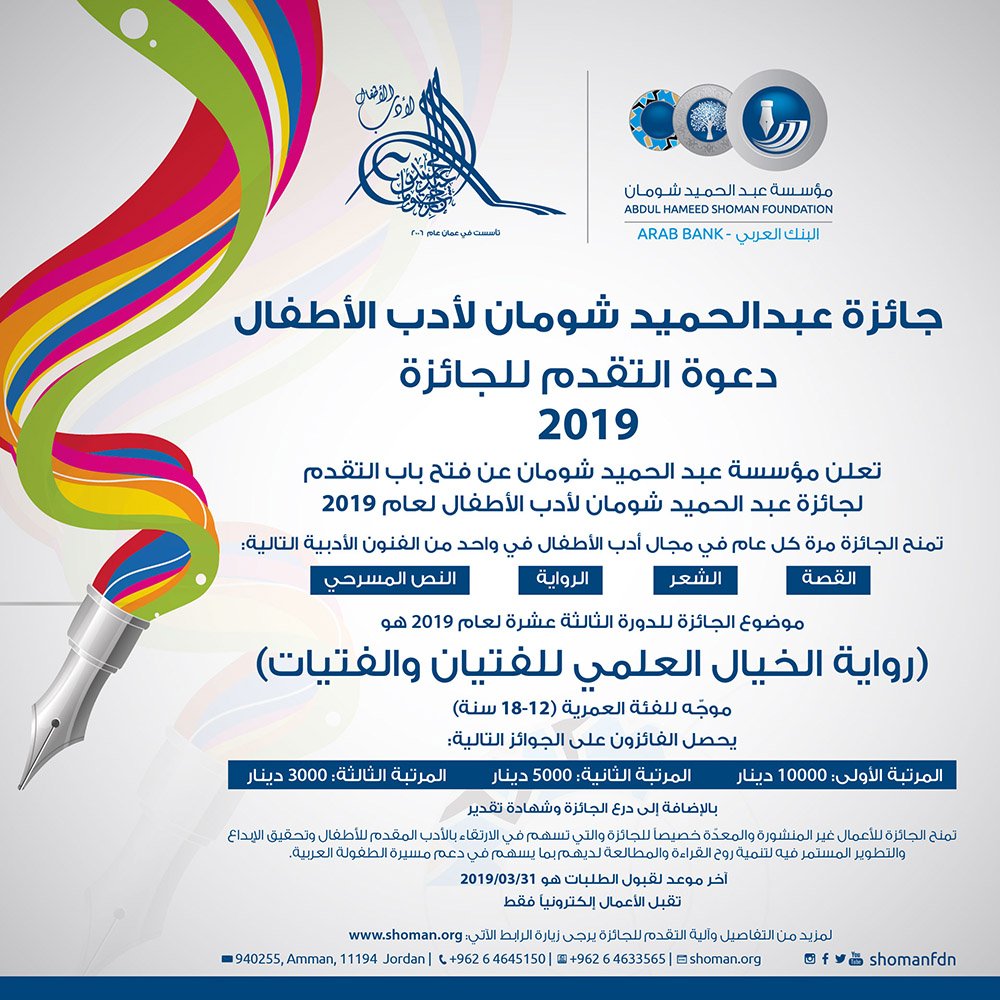 فتح باب التقديم لجائزة عبد الحميد شومان لأدب الأطفال للدورة الثالثة عشرة لعام 2019