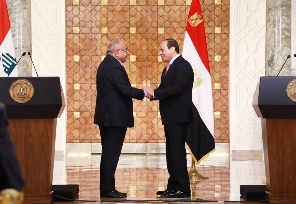 رئيس مجلس الوزراء السيد عادل عبد المهدي خلال لقائه الرئيس المصري عبد الفتاح السيسي : تعاوننا فيه تباشير امل لشعبينا وامتنا